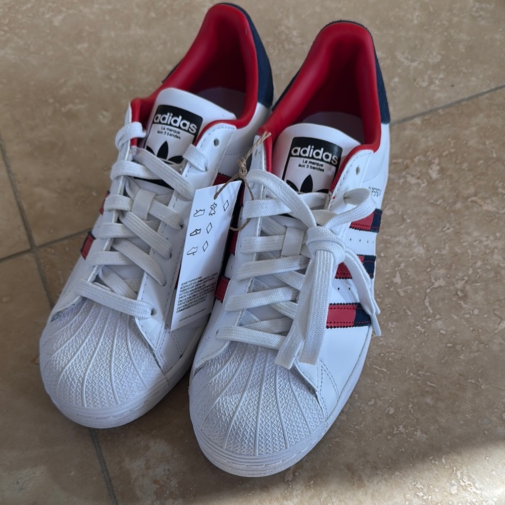 Adidas White and Red and Navy Superstar Sneakers
